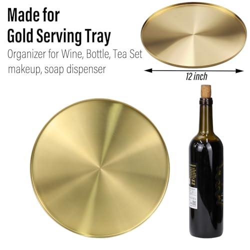 FREELOVE Gold Tray, Round Brass Serving Platter, Bar Circle Decorative Plate, Coffee Table Metal Decor Dishes, Brushed Hammered Coasters, Counter Bathroom Kitchen Dessert Cart Display Food, 12 inch - Image 4