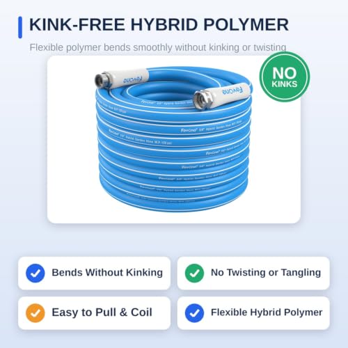 Image of FEVONE Kink Free Garden Hose 75 ft, Heavy Duty Water Hose | Flexible Hybrid Polymer, Drinking Water Safe, 5 /8 ID, 600 PSI, Leak-Proof, Aluminum 3 /4 GHT Fittings for Garden Watering