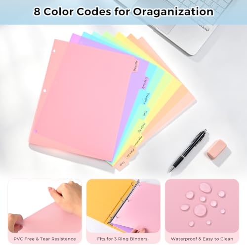 8 Tab Binder Dividers,Plastic（PVC Free Dividers for 3 Ring Binder, Write & Erase Binder Dividers with Tabs for School Office Home Supplies, Pastel Colors (12) by XRUNMIX - Used condition - Image 5