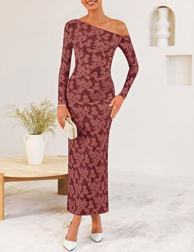 ZESICA Women's Fall Floral Off Shoulder Bodycon Maxi Dresses 2025 Long Sleeve Ruched Elegant Cocktail Party Dress2