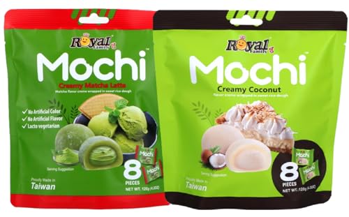 Royal Family Mochi 2er-Set: Creamy Matcha Latte & Creamy Coconut (2x120g) Reiskuchen mit cremiger Füllung zart süß & köstlich. Ideal als Dessert oder Snack