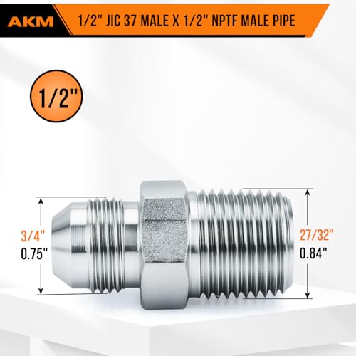 Image of Straight Hydraulic Hose Adapter Fittings, 2404-08-08 1 /2 inch Male JIC (3 /4 inch-16 thread) x 1 /2 inch Male (1 /2 inch-14 NPTF) SAE Connectors x 5 pack