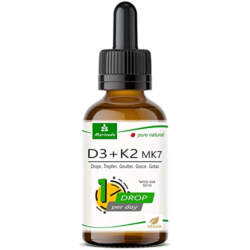 Gotas veganas de Vitamina D3 + K2-1700 Gotas - 1000 U.I. D3 vegana + 20µg K2 MK7 vegana por gota - frasco 50ml de MoriVeda