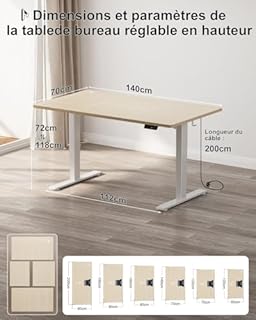 Homall Bureau Assis Debout Électrique 140x70 cm Bureau Réglable en Hauteur avec Fonction Mémoire et Système Anti-Collision, avec Plateau de Gestion des Câbles