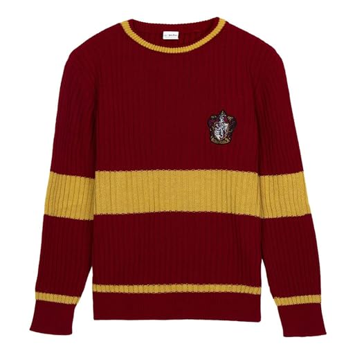 Jersey de Punto Tricot de Harry Potter - Color Rojo - Talla L - Jersey de Estilo Knitted con Diseño de Rayas - Incluye el Escudo de la Casa Gryffindor - Producto Original Diseñado en España