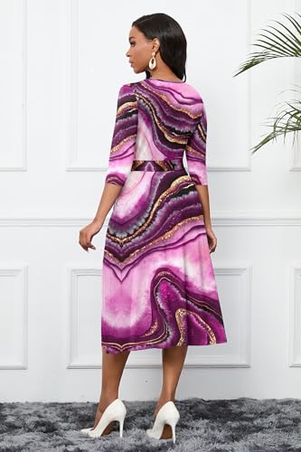 Image of CLOCOR Midi Dresses for Women Casual A-Line Fit and Flare Dress Crewneck 3 /4 Sleeve Keyhole Cocktail Party Church Dress