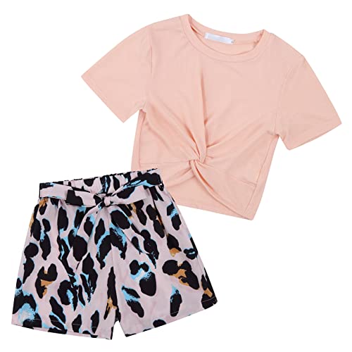 Geru Girl's 2 Piece Outfits Summer Short Sets Crop Tops Tie Front Shorts Beach Wear Tracksuits #TOP14