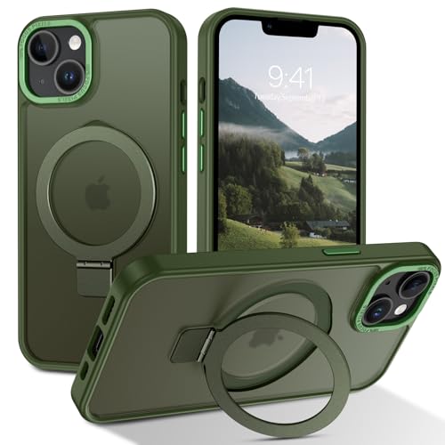 DUEDUE for iPhone 13 Mini Case Magnetic,Case for iPhone 13 Mini with Ring Stand, Translucent Matte Back Protective Cover Shockproof Kickstand Phone Case for iPhone 13 Mini 5.4', Green