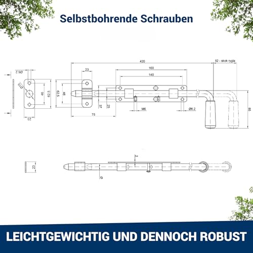 Torfix® Bolzenriegel 420 mm, verzinkter Stahl – robuster Torriegel für Garten‑ & Hoftore, links - rechts montierbar, inkl. 6 × selbstbohrende Torx‑Schrauben