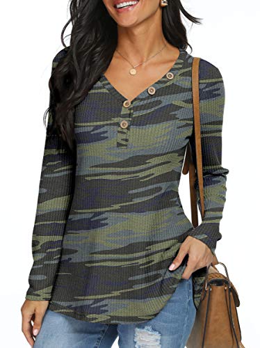 Women's Waffle Knit Tunic Tops: Long & Short Sleeve, Loose Fit, Everyday Casual Button-Up Henley Style Blouses