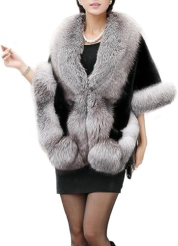 UMREN Women's Luxury Party Faux Fox Fur Long Shawl Cloak Cape for Winter Dark Grey B