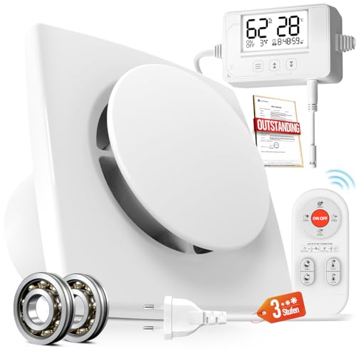 SBONNI Badlüfter mit Feuchtigkeitssensor Temperatursensor Timer - 3 Stufen WC Lüfter 100mm mit Fernbedienung, Echtzeit Feuchtigkeit und Temperatur,...