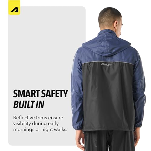 Image of Boldfit Unisex Waterproof Rain Jacket Rainwear Top for Men & Women with Hood Lightweight Monsoon Rain Jacket for Travel, Trekking, Bike Riding & Outdoor Use- Navy Black, M-L