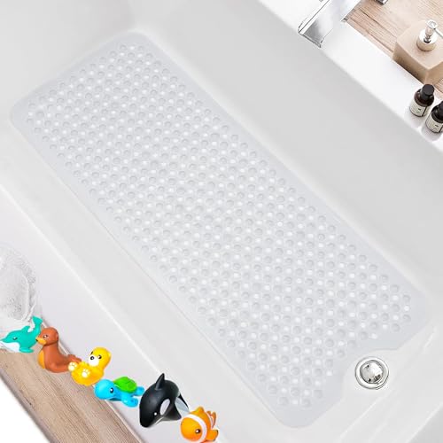 Extra Long Bath Mat Machine Washable Bath Mat Anti Slip 40x16-inch Bathtub Mat Bath Tub Shower Mat for bathroom Tub Bath Shower Non Slip Big Bathtub Mat with Drain Holes and Suction Cups (Clear)