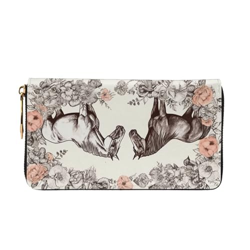 Leather Wallet for Women Men Bifold Wallet Ultra Slim Credit Card Holder Flowers and Horses Hand Drawn Ladies Clutch Purse3