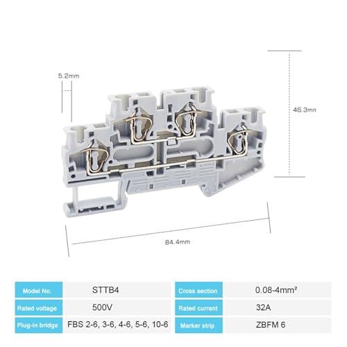 Bloque de terminales STTB4 azul para riel DIN NS35, conector doble capa de 4 mm², 5 uds 3