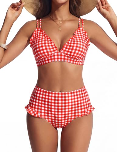 Hanna Nikole Women High Waisted Bikini Sets Ruffle 2 Piece Bathing Suit 2026 Sexy Retro Swimsuits Beachwear Red White Plaid M