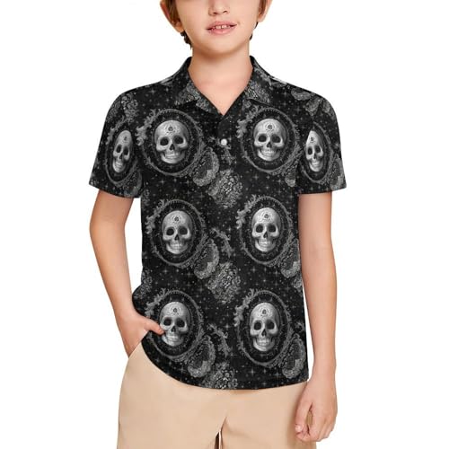 Boys' Classic Polo Shirts Short Sleeve Moisture-Wicking Golf & Tennis Shirts for Youth Teens Flower Skull Head