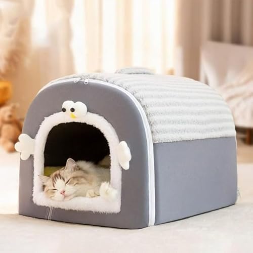 2 in 1 ペットベッド ドーム型 犬猫兼用 冬用あったか仕様 折りたたみ式 ハウス型ベッド 全季節対応 小型犬・中型犬・大型犬(51kg以下)に適用 クッション付き 室内用 おしゃれデザイン (M,A)