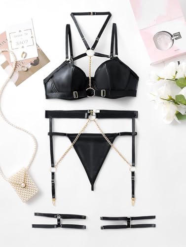 Image of Lilosy Sexy Pu Leather Strappy Underwire Garter Belt Lingerie Set