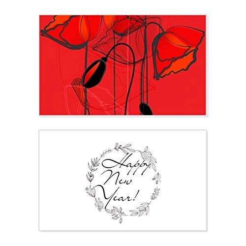 Tarjeta de Año Nuevo Red Flowers con ilustración artística Art Line Painting Corn en inglés