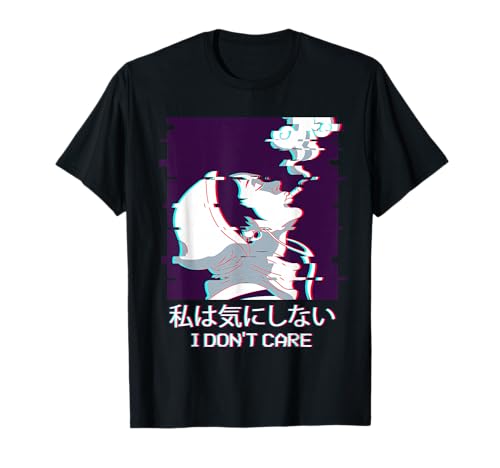 I Don't Care - Smoking Anime Boy Japanese Aesthetic Glitch T-Shirt
