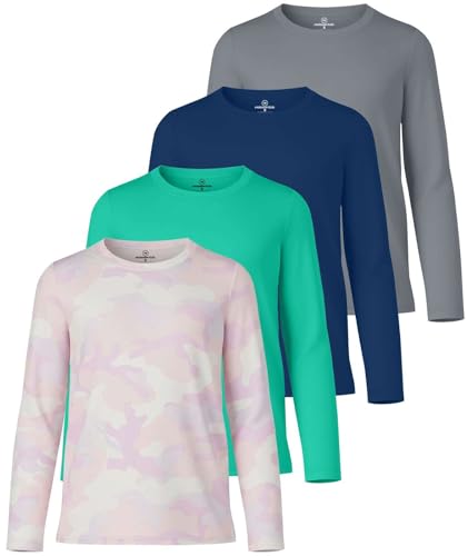 Image of Real Essentials 4 Pack: Girls' Dry-Fit Long Sleeve Crew Neck T-Shirt - Athletic Activewear Soccer Top for Teens Kids Youth