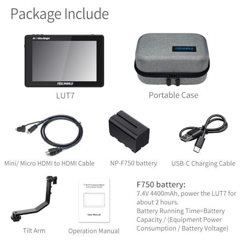 FEELWORLD LUT7 7 Inch Ultra Bright 2200nit Touchscreen Camera DSLR Field Monitor with 3D Lut Waveform Automatic Light Sensor 1920x1200 4K HDMI Input