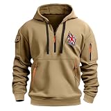 Laquieio Men's Spring Autumn Winter Sweatshirt 2D Printed Retro National Flag Casual Fashion Multi Pocket Half Zipper Sweatshirt Yoga Top (Khaki, L)