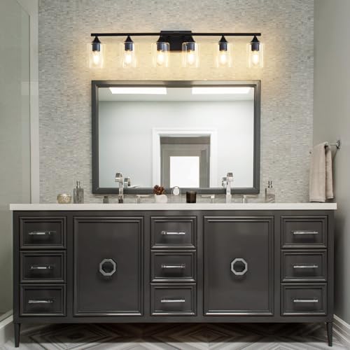Image of 6-Light Matte Black Bathroom Light Fixtures, Over Mirror with Clear Glass Shade, Wall Light Sconce for Vanity Table, Hallway