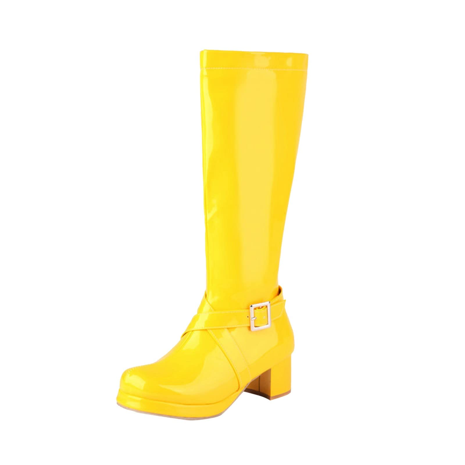 Botas de pantorrilla media para mujer e invierno Hebilla de color sólido de moda Cremallera lateral Cómodo tacón grueso Zapatos de tacón cuadrado Zapatillas de deporte para mujer, amarillo, 40 EU