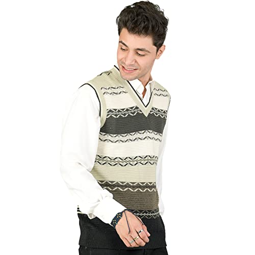 Image of Men Woolen V-Neck Printed Design Sleeveless Pullover Heavy Rainbow Fabric Winter Wear Pure Wool Cardigan Regular Coaty Fully Warm Heavy Pullover Cardigans Free Sizes