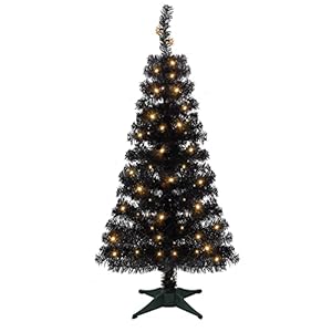 Juegoal Pre-Lit Artificial Halloween Christmas Tree, 4 FT Lighted Black Tinsel Xmas Pine Trees with 50 LEDs Lights, 8…