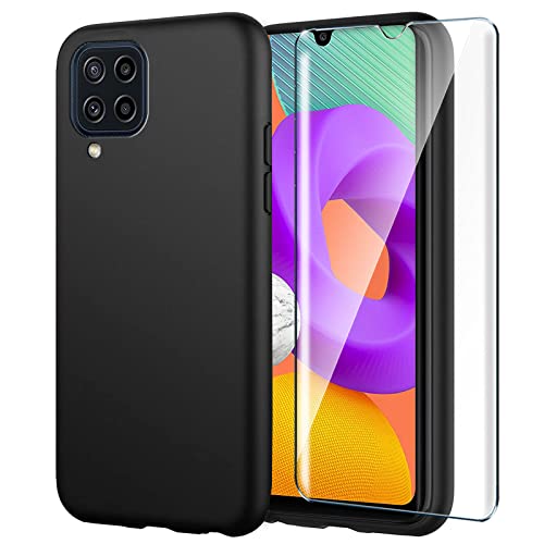 HYMY para Samsung Galaxy M22 Funda (6.4") + 1 x Cristal Templado - Black Carcasa y Cristales Protector de Pantalla TPU Silicona Suave Gel Caja Cover Tapa Caso Carcasa Cubierta -Black