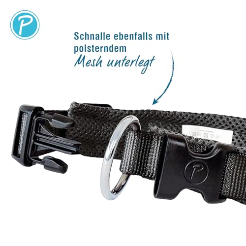 Petlando Hundehalsband Schwarz für mittelgroße Hunde, leicht & weich gefüttert mit atmungsaktivem Mesh, stufenlos verstellbar, langlebig & robust, Größe M (45-50 cm, Breite 4 cm), Halsband Hund breit