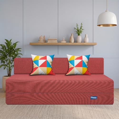 Image of Starlon 3 Seater Foldable Sofa Cum Bed 3-in-1 with 2 Geometrical Pattern Pillows, Washable Jute Fabric Cover, Space Saving Guest Bed, Pre-Assembled Royal Maroon 5x6.5 Ft