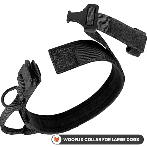 Image of Wooflix Metal Dog Collar for Training and Walks | Nylon Collar with Tactical Metal Buckle and D-Ring for Medium and Large Dogs | Dog Collar for Heavy Breed Dogs (Black, Medium)