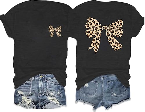 Image of Bow Leopard Shirt for Women Cheetah T-Shirts for Women Bow Graphic Tees Short Sleeve Aesthetic Tee Top