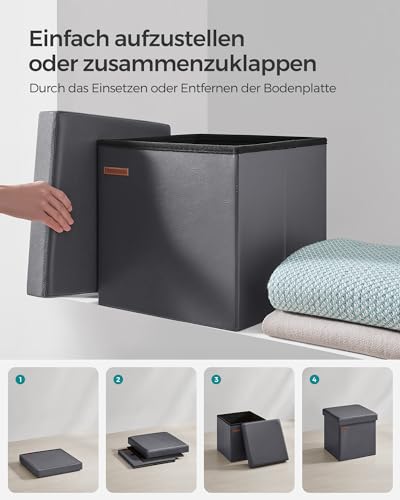 SONGMICS Sitzhocker 38 cm, Aufbewahrungsbox faltbar, Fußhocker mit Deckel, aus Kunstleder, bis 300 kg belastbar, für Eingang, Wohnzimmer, Schlafzimmer, schiefergrau LSF010G01
