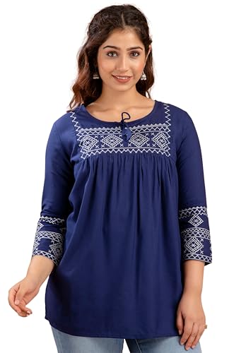 Image of Avayayat Short Kurti for Women | Embroidered Straight Rayon Kurta | Round Neck Full Sleeves Short Kurti for Women's