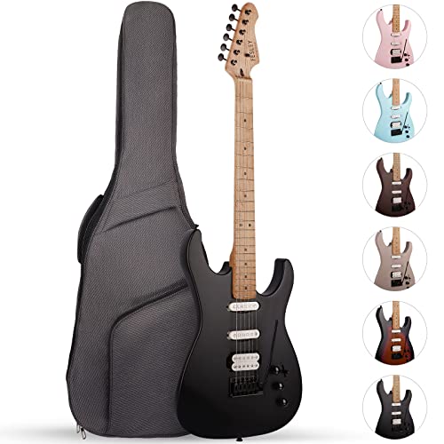 Fesley Electric Guitar, Full Size Solid Body, Hss 6 Strings, F-St Style, Right Handed, Aaa Hard Maple Neck & Fretboard Minimalist Design For Beginner With Padded Gig Bag, Morandi Black #TOP28