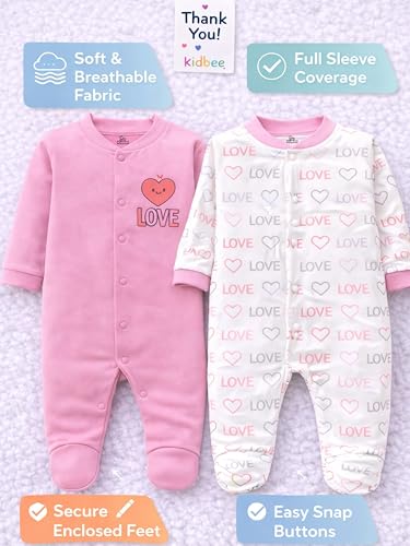 Image of Kidbee Baby Cotton Romper Pack of 2 | 100% Soft Cotton Hosiery | Front Open Snap Buttons | Full Sleeve Footed Sleepsuit | Newborn Baby Clothing Set
