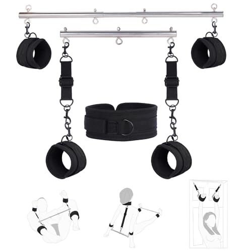 Restraints Bondage Detachable Spreader Bar Sex Toys - Adjustable BDSM Kit with Feather Handcuffs & Ankle Cuffs for Couples | Expandable SM Restraints for Intimate Play & Sensual Bondage (Silver)