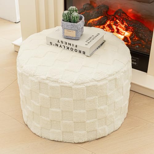 Image of Round Pouf Ottoman Boho Poof Home Decor Floor Pouffe Ottoman Foot Rest for Couch Sofa Bean Bag Chairs Living Room Bedroom 20 x 20 x 14 Inches Ivory Checkered Pouf with Filler