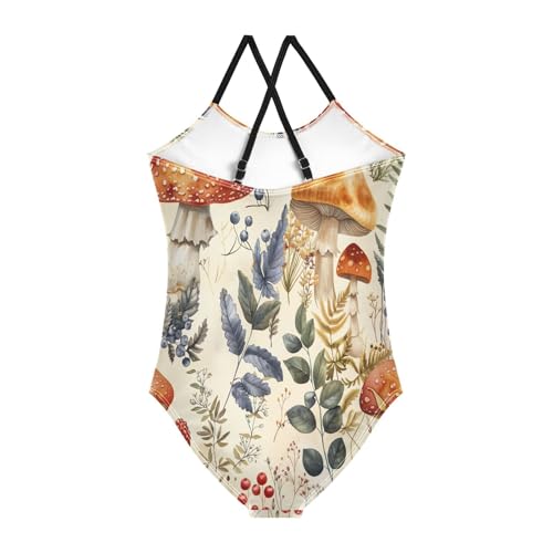 Vintage Mushrooms Girls One Piece Swimsuit, Beach Swimsuit 3-10 Y with Adjustable Shoulder Strap, 3-10 Y2