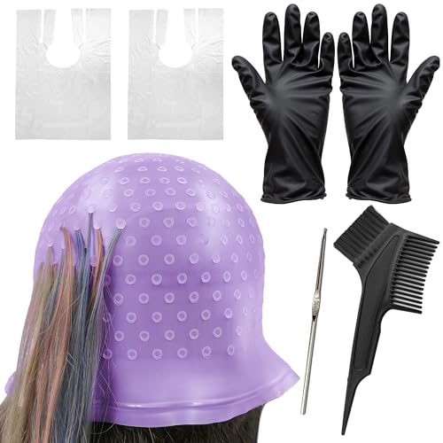 Punched Hole Silicone Highlight Hair Cap with Needle and Hair Coloring Brush, Highlighting Streaking Cap, Highlight Cap, Professional Salon Hairdressing Dyeing Staining Tools for Women Men