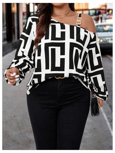 MakeMeChic Women's Plus Size Graphic Print One Shoulder Blouses Long Sleeve Party Fall Tops3