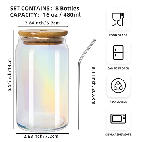 Ruckae Drinking Glasses With Bamboo Lids And Straw, 16Oz 8 Pack Glass Cups,Glass Tumbler With Straw And Lid,Smoothie Cup,Iced Coffee Cup For Beer,Soda,Iced Coffee, Smoothies,Cocktail,Whiskey #TOP2