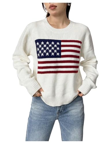 Image of SweatyRocks Women's Flag Pattern Long Sleeve Round Neck Sweater Casual Loose Pullover Sweater