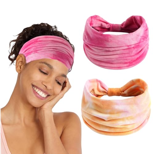 Image of MAYCREATE 2Pcs Head Bands for Women, Wide Hair Bands for Womens, Stretchy Pre-Tied Sport Hair Band, Fashion Sweat Headband for Women, Moisture-Wicking Polyester, Quick Dry Headwear (Pink & Orange)